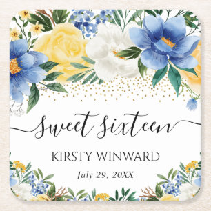 Waterverf Blue en Yellow Flowers Sweet Sixteen Vierkante Kartonnen Onderzetter