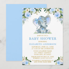 Waterverf Blue Floral Baby shower Elephant Bow Kaart
