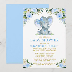 Waterverf Blue Floral Baby shower Elephant Bow Kaart