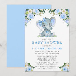Waterverf Blue Floral Baby shower Elephant Silver Kaart