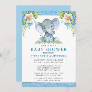 Waterverf Blue Floral Elephant Shower Glitter Kaart