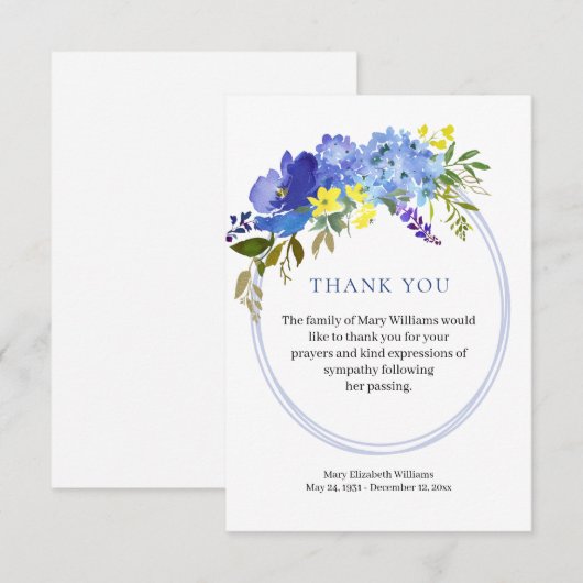Waterverf Blue Floral Funeral Hartelijk dank Bedankkaart (Voorkant / Achterkant)