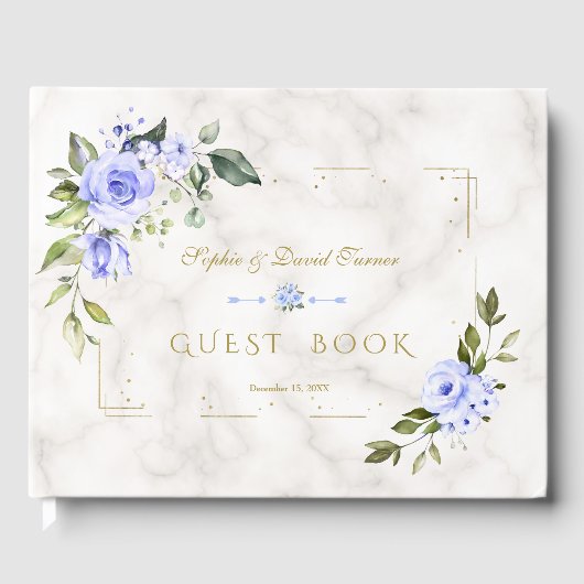 Waterverf Blue Floral Gold Glitter Marble Wedding Gastenboek (Voorkant)