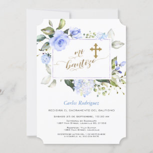 Waterverf Blue Floral Lijst Gold Cross Mi Bautizo Kaart