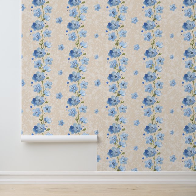 Waterverf Blue Floral Vine op getextureerde crème Behang (Applicatie)