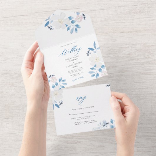 Waterverf Blue Flower Wedding Uitnodiging (Afscheurbaar)