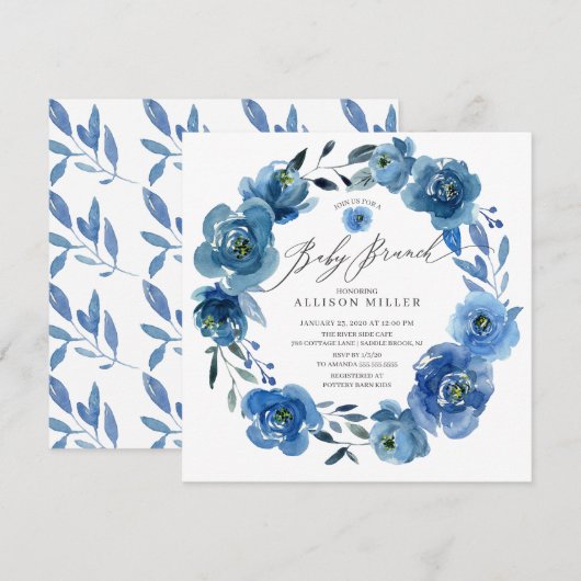 Waterverf Blue Flowers Baby shower Brunch Kaart (Voorkant / Achterkant)