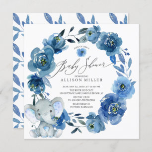 Waterverf Blue Flowers Elephant Baby shower Kaart