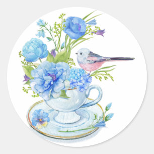 Waterverf Blue Flowers en Bird Tea Cup Ronde Sticker
