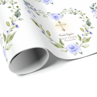 Waterverf Blue Flowers Gold Cross Boy Baptisme Cadeaupapier