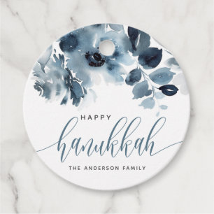 Waterverf Blue Flowers Happy Chanoeka Kalligrafie Bedankjes Labels