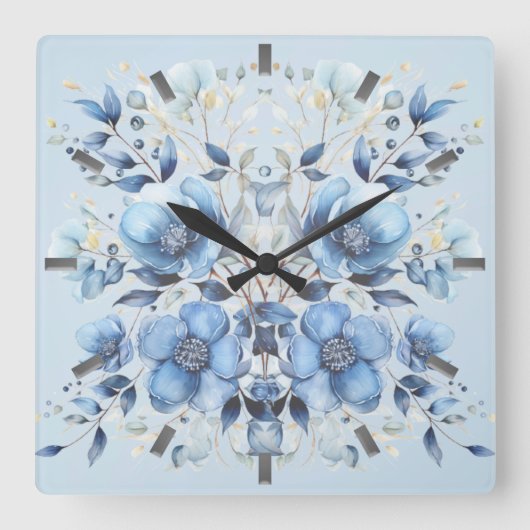Waterverf Blue Flowers wandklok Vierkante Klok (Voorkant)