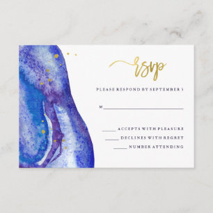 Waterverf Blue Geode en Faux Gold Wedding RSVP Kaartje