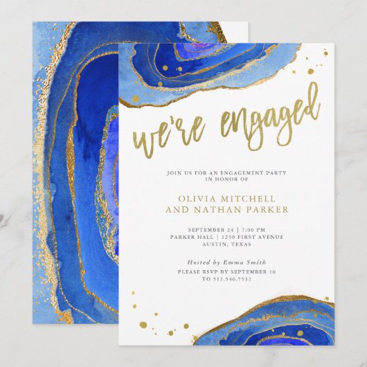 Waterverf Blue Geode met Gold | Engagement Party Kaart (Voorkant / Achterkant)
