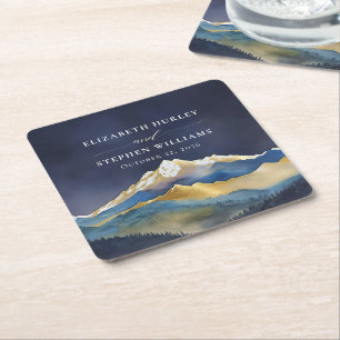 Waterverf Blue Gold Foil Mountain buitenshuis brui Vierkante Kartonnen Onderzetter