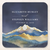 Waterverf Blue Gold Foil Mountain buitenshuis brui Vierkante Kartonnen Onderzetter (Voorkant)