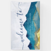Waterverf Blue Gold Foil Mountain Weddenschap Welk Spandoek (Verticaal)