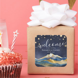 Waterverf Blue Gold Foil Mountain Weddenschap Welk Vierkante Sticker