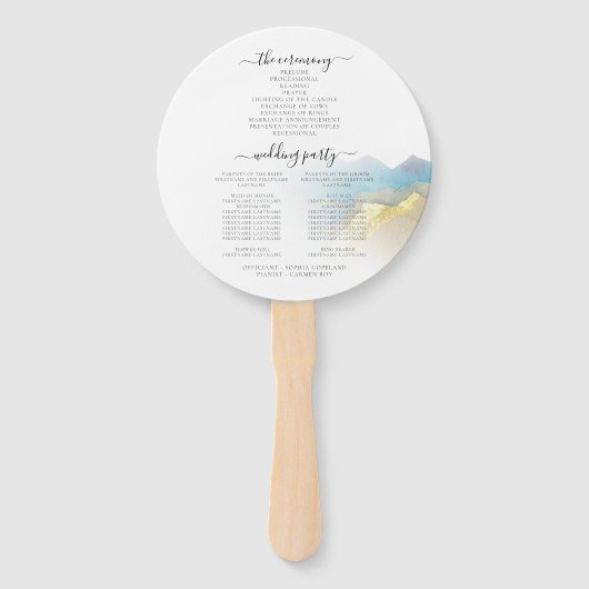 Waterverf Blue Gold Foil Mountain Wedding Program Handwaaier (Achterkant)