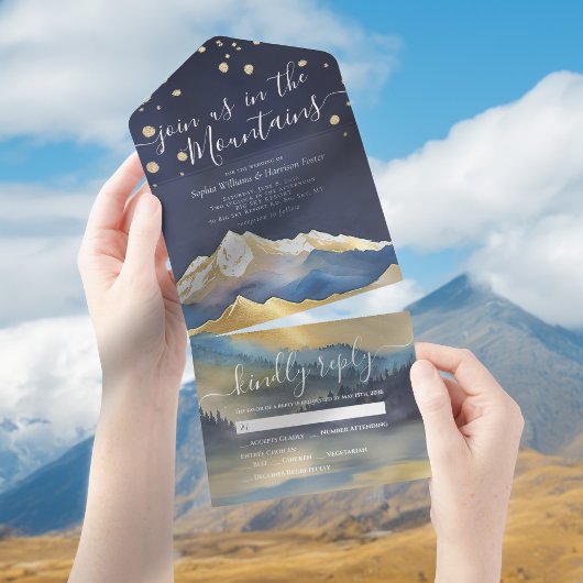 Waterverf Blue Gold Foil Mountains Weddenschap RSV All In One Uitnodiging