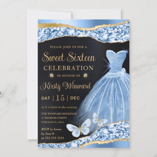 Waterverf Blue & Gold Glitter Dress Sweet Sixteen Kaart (Voorkant)