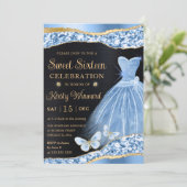 Waterverf Blue & Gold Glitter Dress Sweet Sixteen Kaart (Staand voorkant)