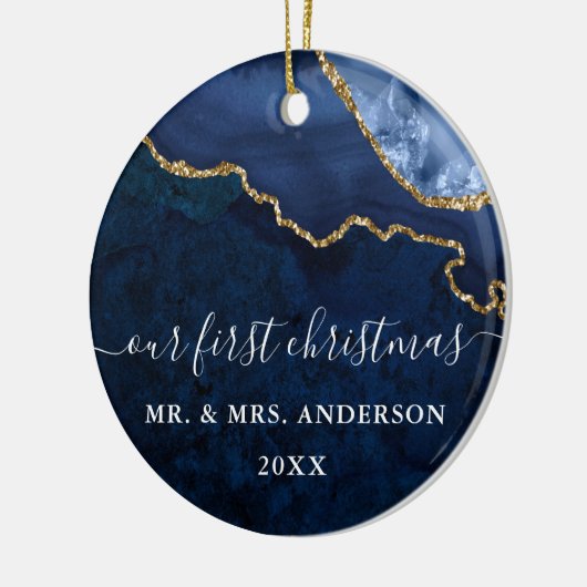 Waterverf Blue Gold Marble Agate Geode Wedding Keramisch Ornament (Links)