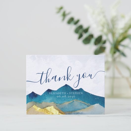 Waterverf Blue & Gold Mountains Weddenschap Hartel Briefkaart (Staand voorkant)