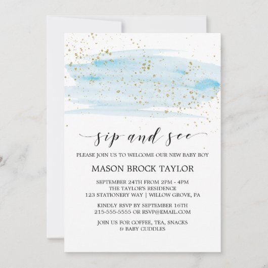 Waterverf Blue & Gold Sparkle Sip en zie Kaart (Voorkant)