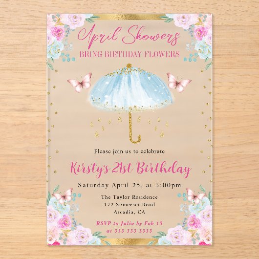 Waterverf Blue Gold Spring Paraplu 21e Verjaardag Acryl Uitnodigingen (Voorkant)