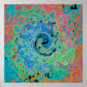Waterverf Blue Groovy Abstract Retro vloeistof Poster