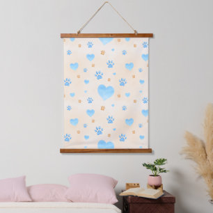 Waterverf Blue Hearts & Paw Prints Patroon Hangend Wandkleed