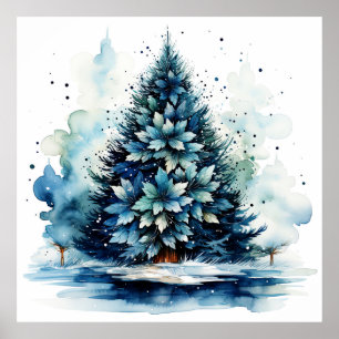 Waterverf Blue Holiday Christmas Tree Poster