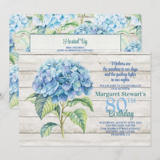 Waterverf Blue Hydrangea 80ste verjaardag Kaart (Voorkant / Achterkant)