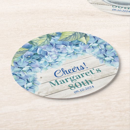 Waterverf Blue Hydrangea 80ste verjaardag Ronde Kartonnen Onderzetter (Gebogen)