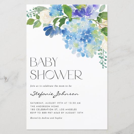 Waterverf Blue Hydrangea Baby shower (Voorkant)