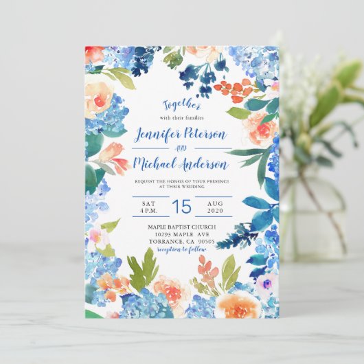 Waterverf Blue Hydrangea bruiloft uitnodiging (Staand voorkant)