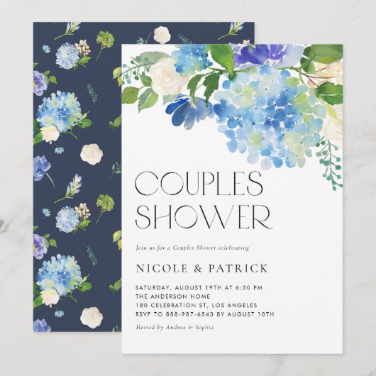 Waterverf Blue Hydrangea Floral Couples Shower Kaart (Voorkant / Achterkant)