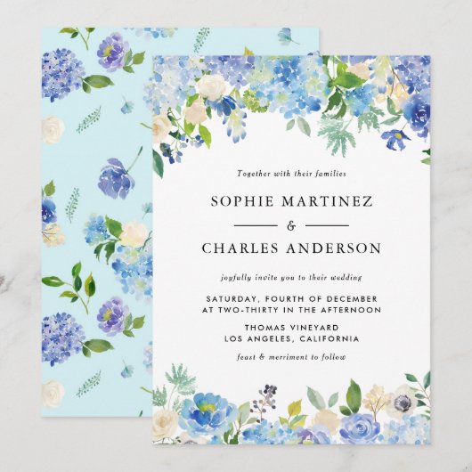 Waterverf Blue Hydrangea Floral Garland Wedding Kaart (Voorkant / Achterkant)