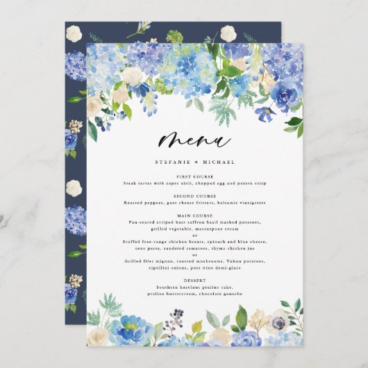 Waterverf Blue Hydrangea Garland Wedding Menu (Voorkant / Achterkant)