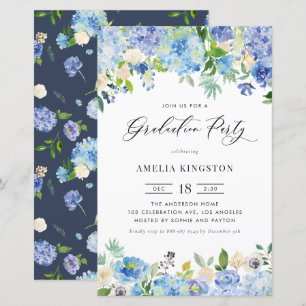 Waterverf Blue Hydrangea Graduation Party Uitnodig