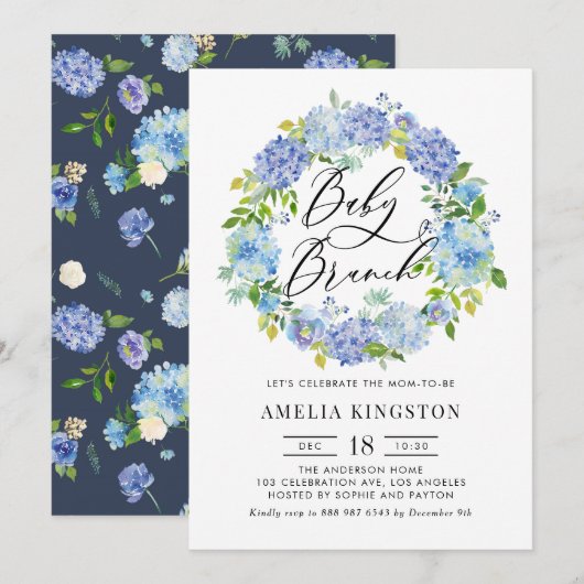 Waterverf Blue Hydrangea Krans Baby Brunch Kaart (Voorkant / Achterkant)