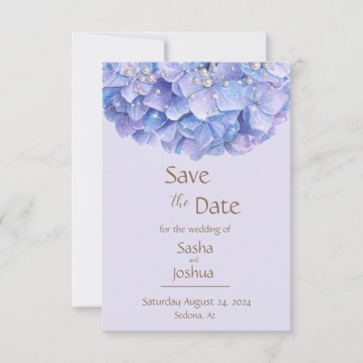 Waterverf Blue Hydrangea Pearl Save The Date (Voorkant)