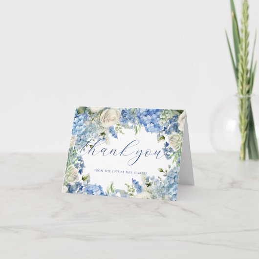 Waterverf Blue Hydrangea Rozen Elegant Script Bedankkaart (Voorkant)