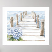 Waterverf Blue Hydrangea Seaside Dock Coastal Poster (Voorkant)