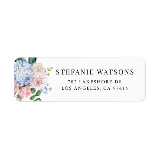 Waterverf Blue Hydrangeas en Roses Wedding Etiket (Voorkant)