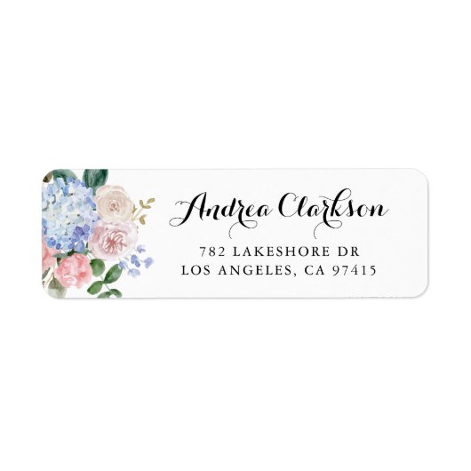 Waterverf Blue Hydrangeas en Roze Manuscript Etiket (Voorkant)