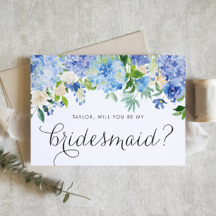 Waterverf Blue Hydrangeas Floral be My Bridesmaid Kaart
