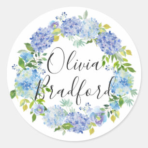 Waterverf Blue Hydrangeas krans gepersonaliseerd Ronde Sticker