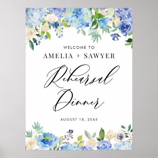 Waterverf Blue Hydrangeas Rehearsal Dinner Poster (Voorkant)